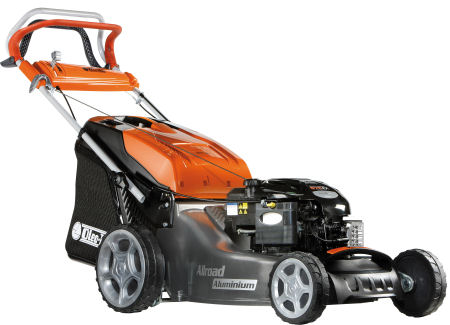 Oleo mac Lawnmower G53TBX, 21 inch alluminium deck, with a briggs and stratton 190cc engine, viewed from the front